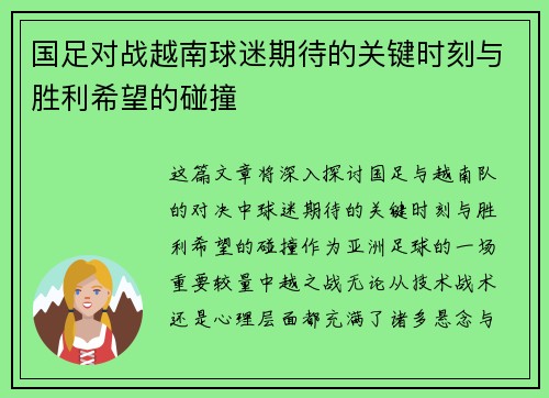 国足对战越南球迷期待的关键时刻与胜利希望的碰撞 国足对战越南球迷期待的关键时刻与胜利希望的碰撞