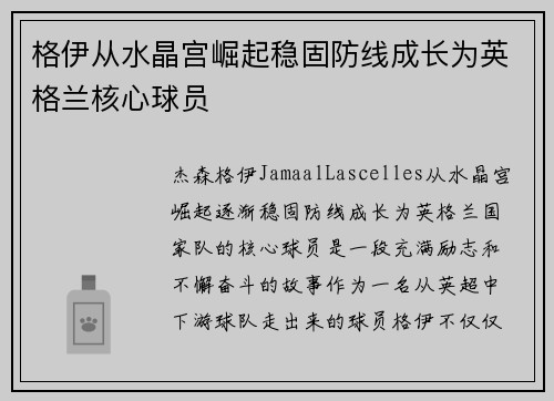 格伊从水晶宫崛起稳固防线成长为英格兰核心球员